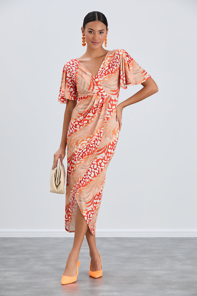 Dresses Wrap Midi Dress in Orange Angel Sleeve Dress – Jenerique
