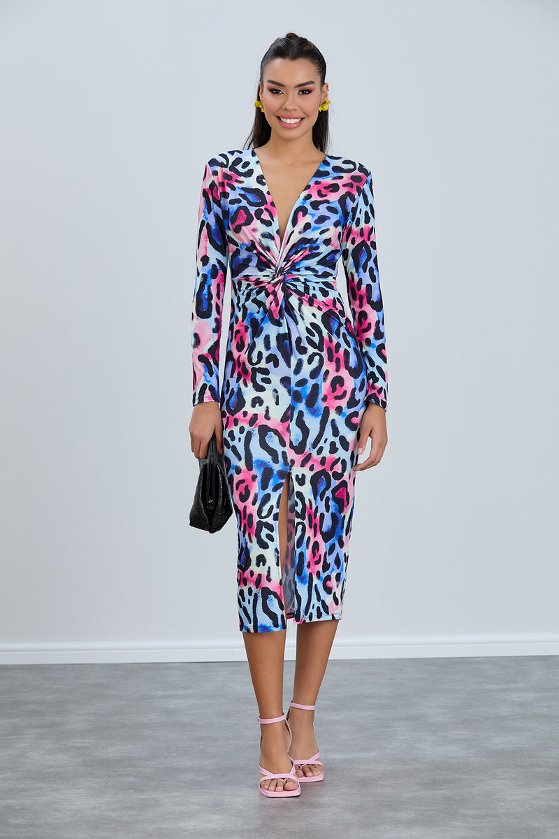 Polyester Leopard Print Midi Dress Tie Waist Bell Sleeves Modern Tailored Offer Memoir