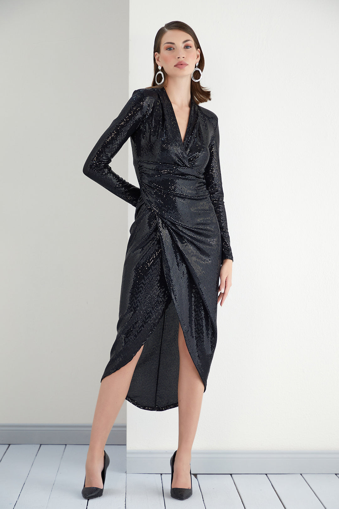 sequin midi wrap dress Black Sequin Wrap Midi Dress
