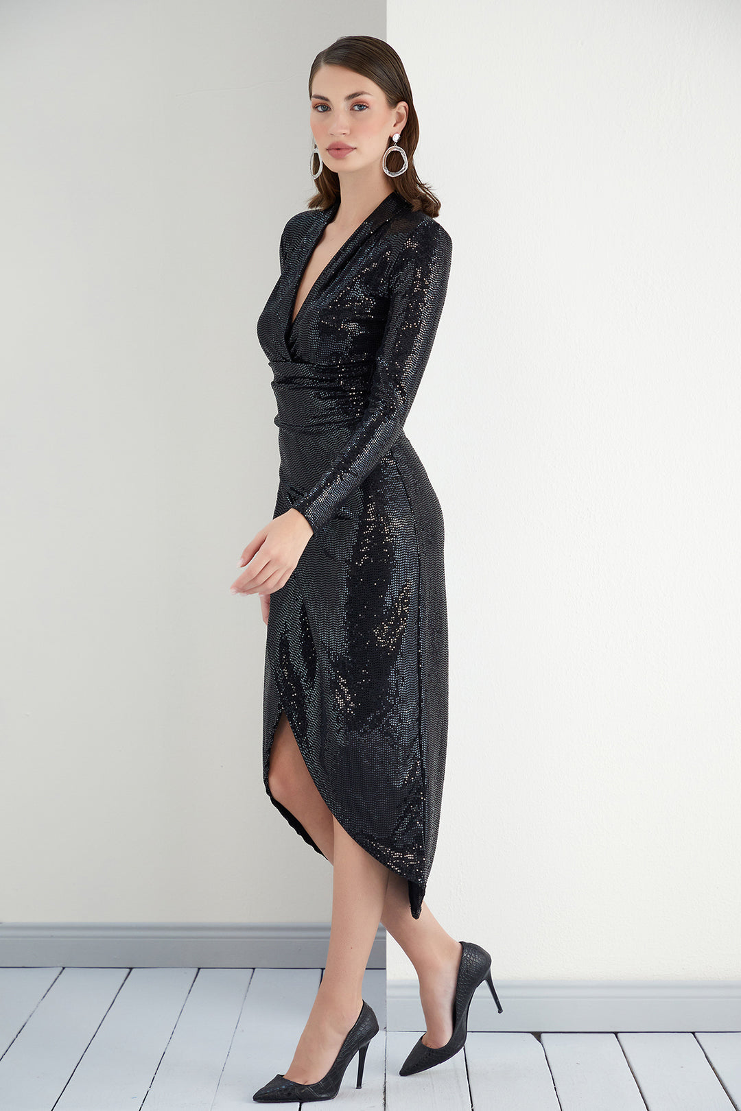 black sequin wrap midi dress Buy Yumi Black Sequin Midi Wrap Dress With Split Hemline And Long Sleeves from Next USA