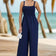 Elasticated Wide Leg Cami Jumpsuit in Navy Blue