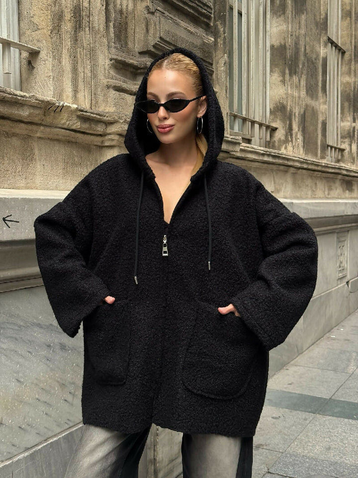Cozy Zip-Up Teddy Hooded Jacket in Black – Jenerique
