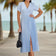 Linen Style Buttoned Shirt Midi Dress in Blue