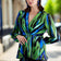Emerald Green Blue Abstract Print Wrap Knot Blouse