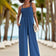Elasticated Wide Leg Cami Jumpsuit in Navy Blue